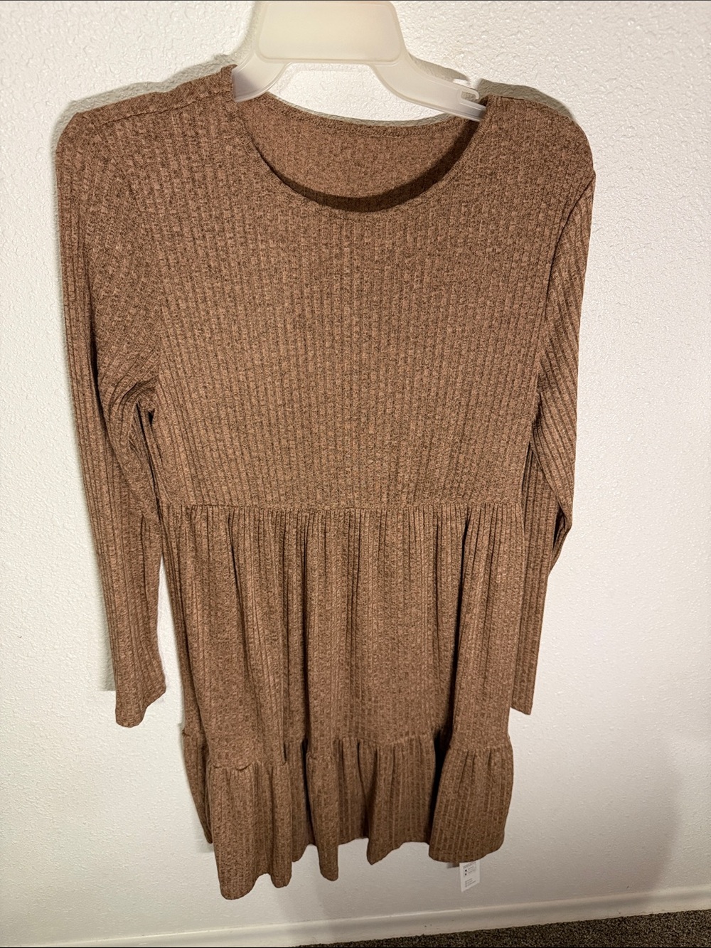 Women's Brown Ribbed Long Sleeve Tiered Dress - Unbranded